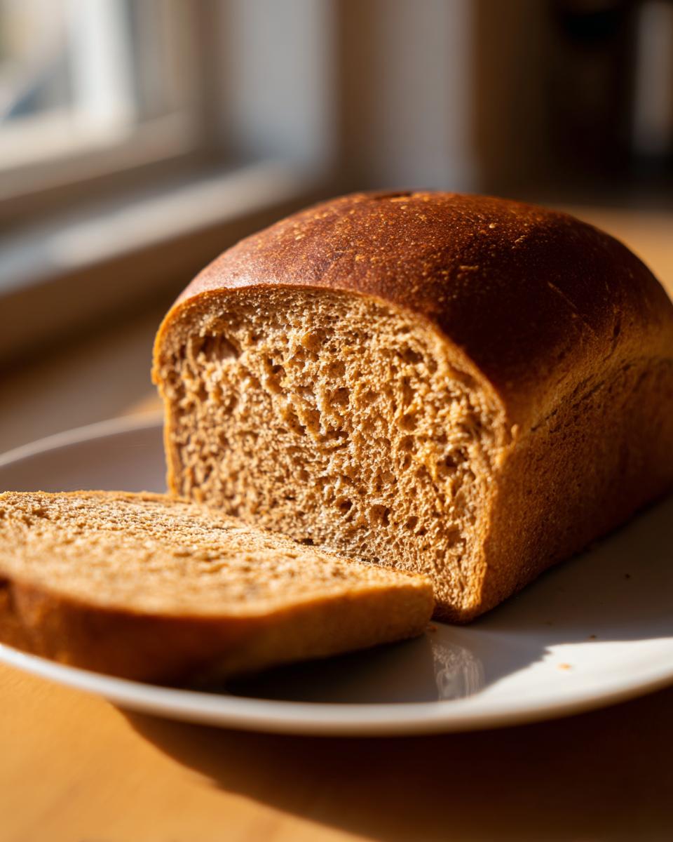 A golden-brown loaf of whole wheat bread, partially sliced, sitting on a white plate in natural light.