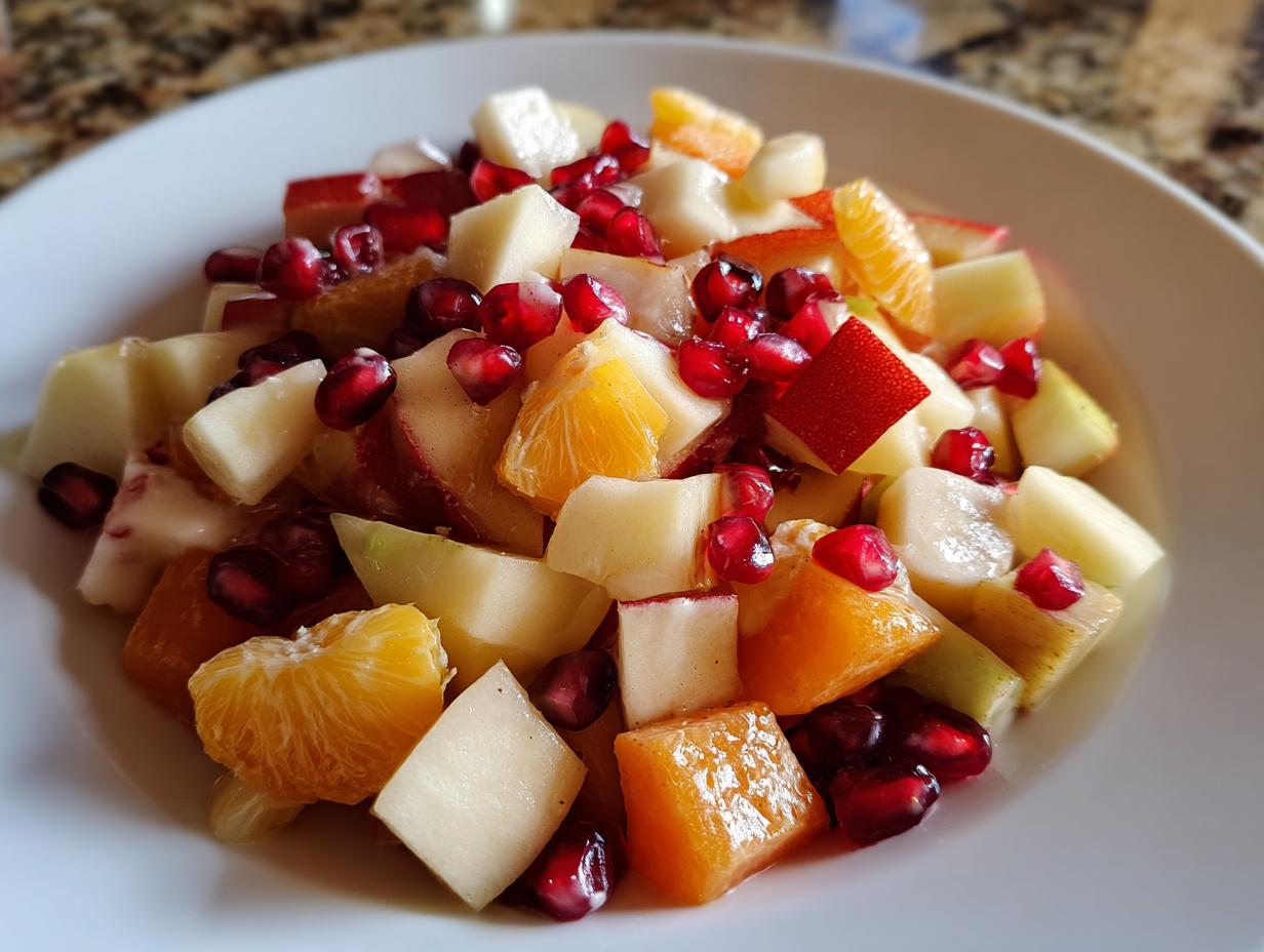 Close-up of diced apples, oranges, and vibrant pomegranate seeds making up an amazing winter fruit salad.