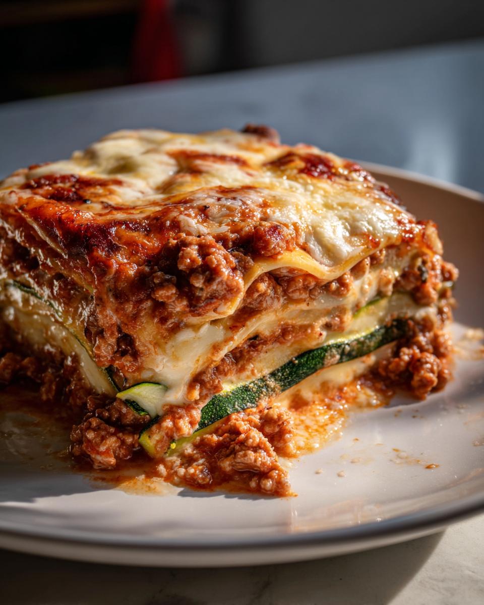 A thick, layered slice of zucchini lasagna showing layers of meat sauce, cheese, and green zucchini slices.
