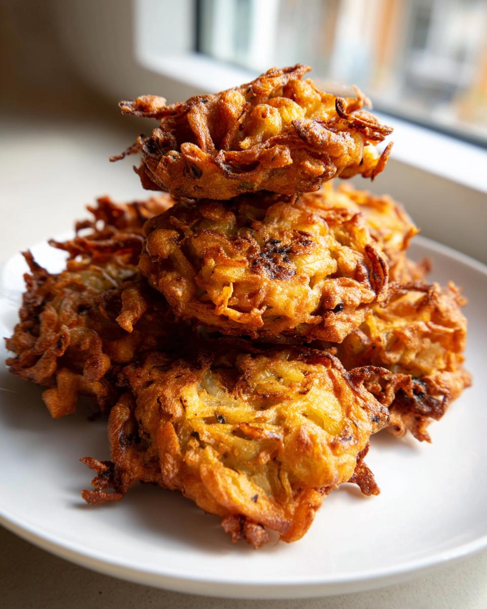 A stack of golden brown, crispy Amish Onion Fritters piled high on a white plate.
