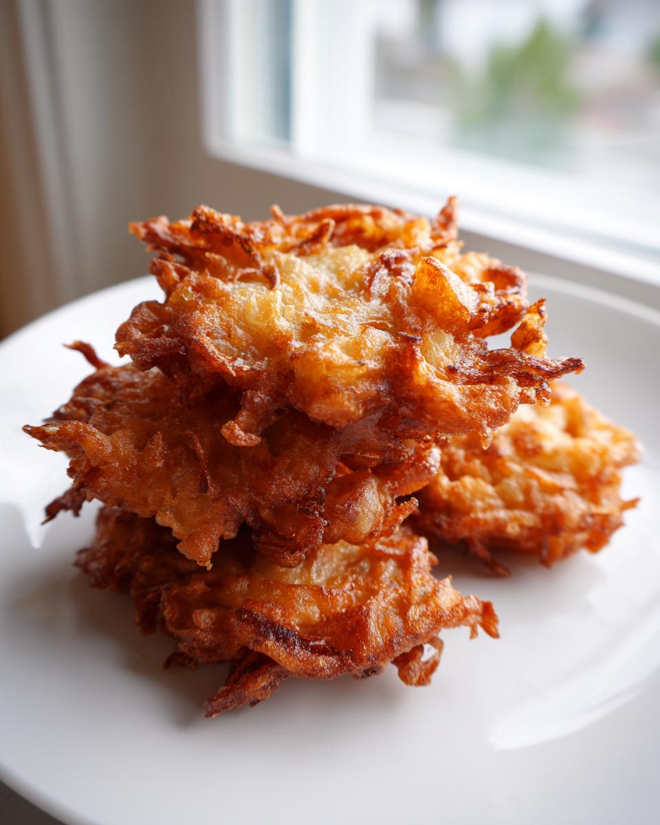 A stack of crispy, golden brown Amish Onion Fritters piled high on a white plate.