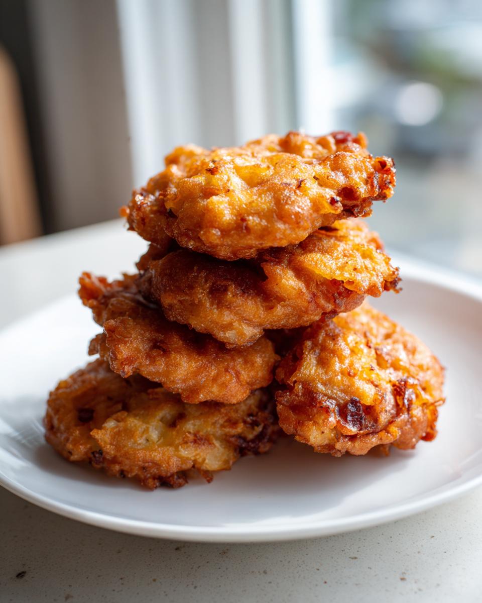 A stack of five golden-brown, crispy Amish Onion Fritters piled high on a white plate.