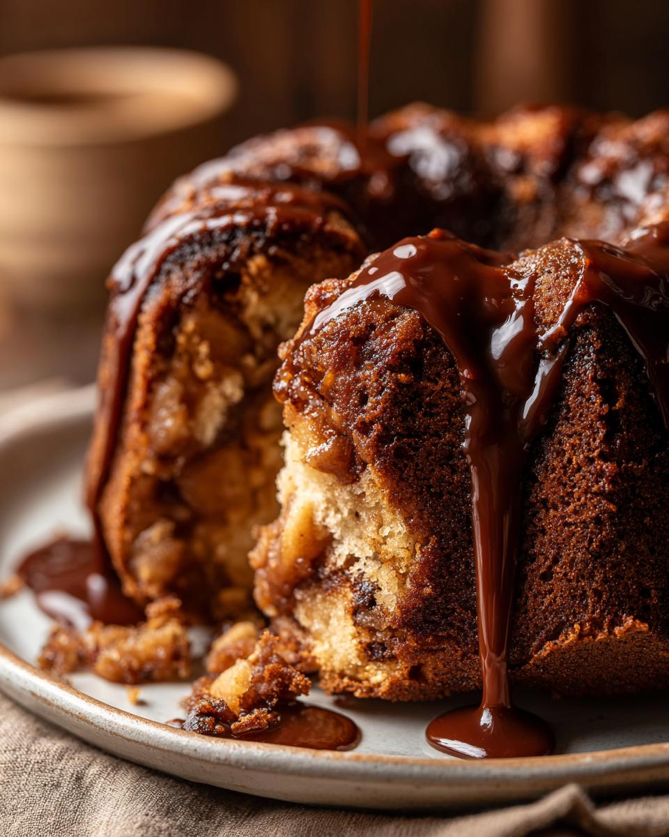 Close-up of a moist apple bundt cake being generously drizzled with thick, glossy chocolate sauce.