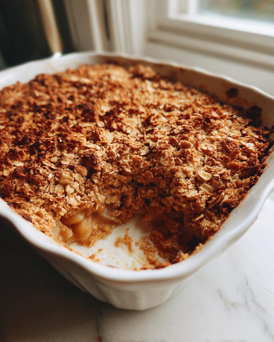 Close-up of a golden brown, baked apple crisp recipe with a scoop removed, showing the soft apple filling.