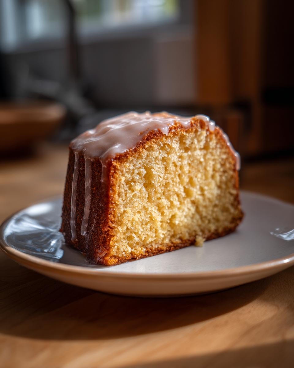 Close-up of a moist slice of Bacardi rum cake topped with a dripping white rum glaze on a small plate.