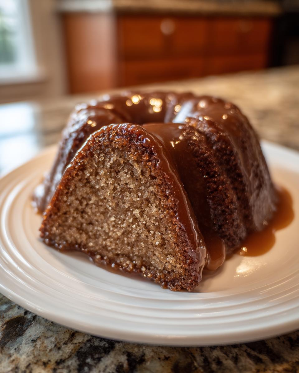 A slice cut from a moist Bacardi Rum Cake, generously covered in a rich caramel glaze, served on a white plate.