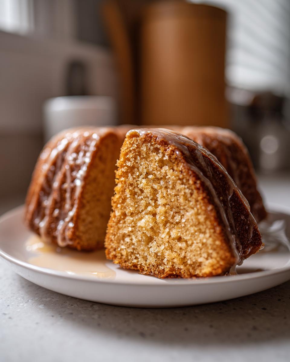 Close-up of a slice of moist Bacardi rum cake, drizzled with a light glaze, resting next to the rest of the bundt cake.