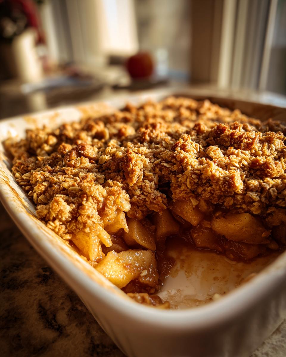 Close-up of a freshly baked apple crisp recipe with a thick, golden oat topping and warm, bubbling apple filling.