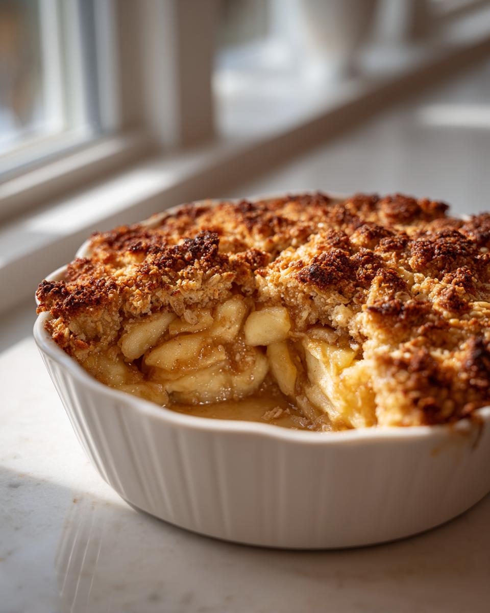 Close-up of a freshly baked apple crisp recipe showing caramelized apples and a dark, crunchy oat topping in a white ramekin.