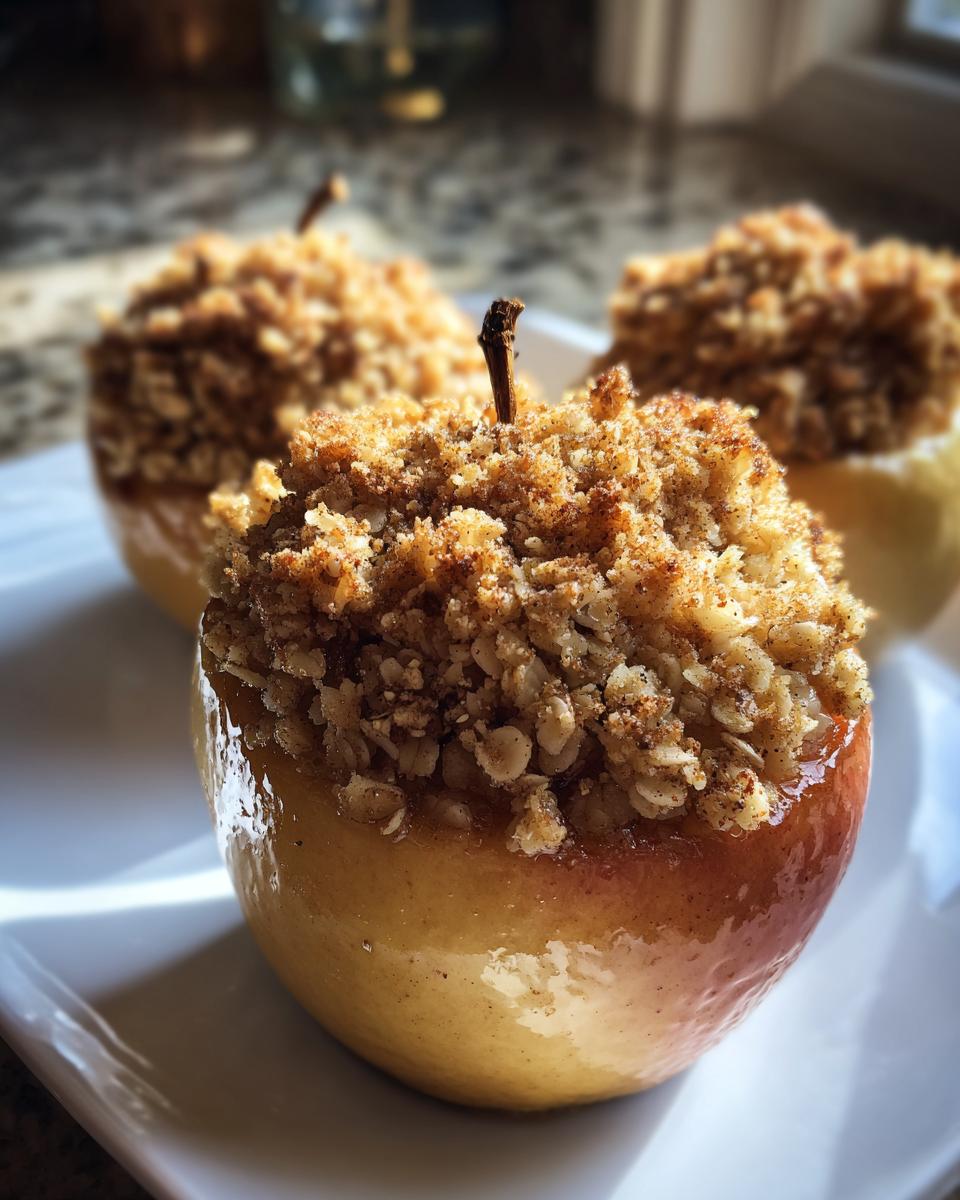 Three baked apples topped generously with a golden brown oat crumble topping, served on a white plate.