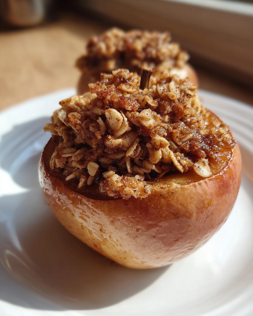 A close-up of one perfectly baked apples dessert, stuffed with a spiced oat crumble topping.
