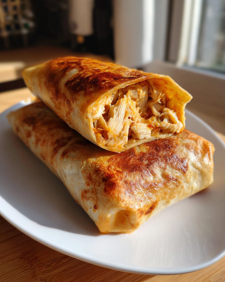 Two golden-brown Baked Chicken Chimichangas stacked, one cut open to show shredded chicken filling.