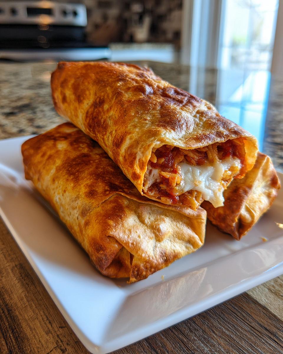 Two golden brown baked chicken chimichangas stacked on a white plate, one broken open showing shredded chicken and melted cheese.