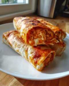 Close-up of golden brown Baked Chicken Chimichangas stacked on a white plate, showing shredded chicken and melted cheese filling.