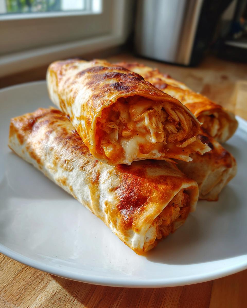 Close-up of golden brown Baked Chicken Chimichangas stacked on a white plate, showing shredded chicken and melted cheese filling.