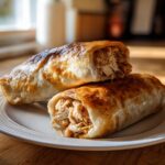 Two golden-brown Baked Chicken Chimichangas stacked on a white plate, showing the shredded chicken filling.