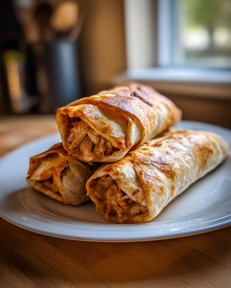 Three golden-brown, baked chicken chimichangas stacked on a white plate, showing shredded chicken filling.