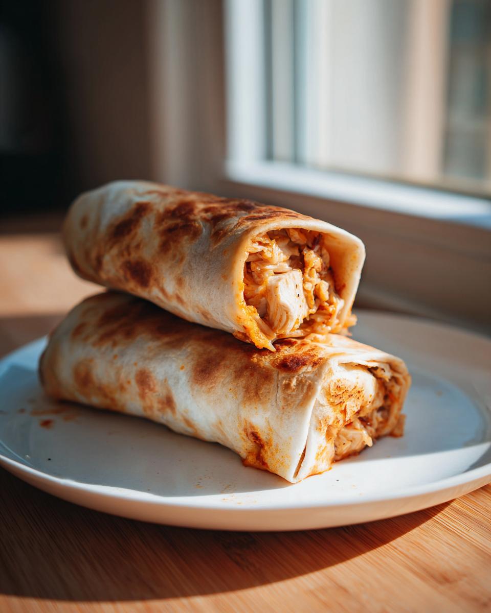 Two golden-brown Baked Chicken Chimichangas stacked on a white plate, showing the shredded chicken filling.