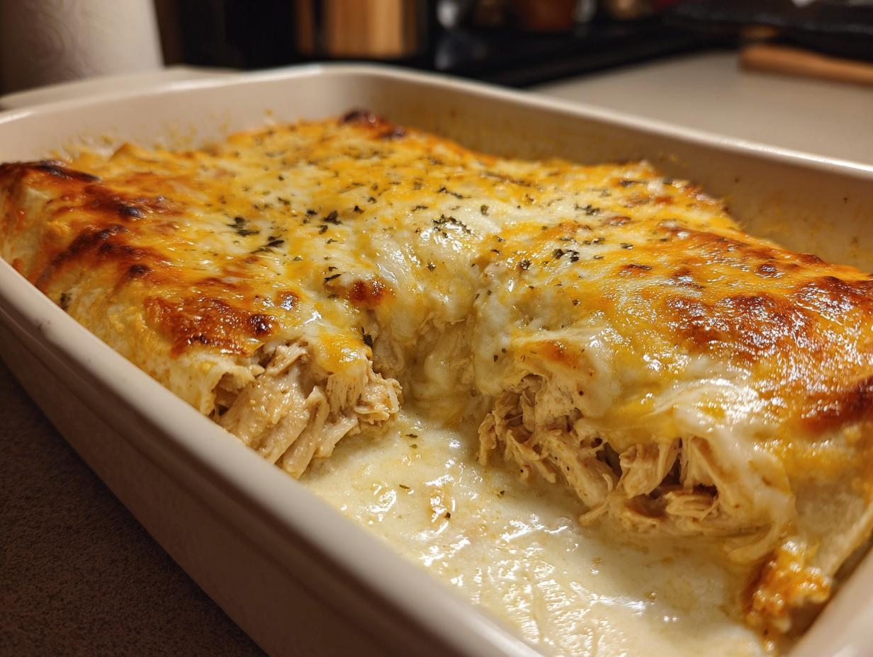 Close-up of baked chicken enchiladas covered in melted, golden cheese sauce, showing the shredded chicken filling.