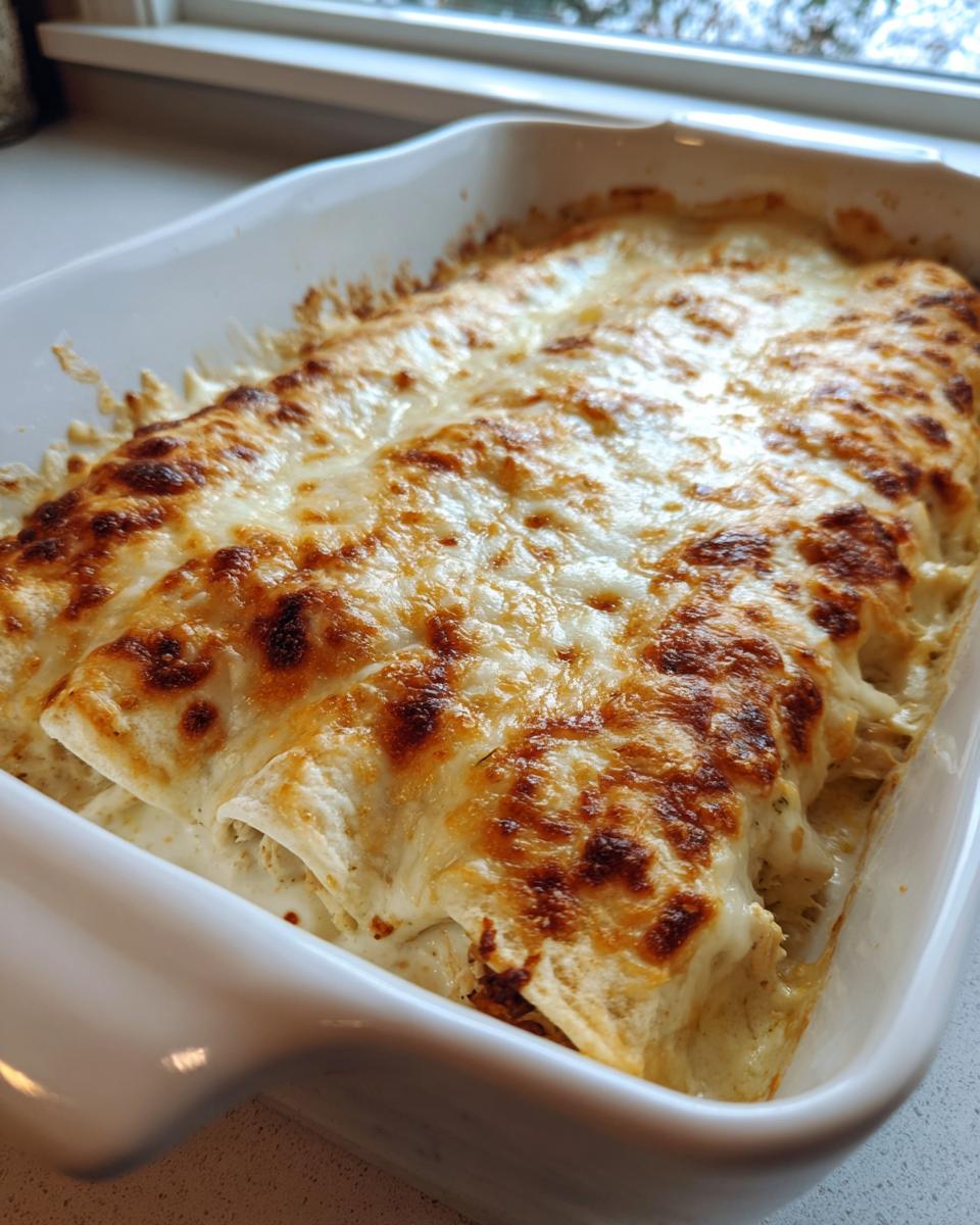 Close-up of freshly baked chicken enchiladas covered in bubbly, browned white cheese sauce in a white baking dish.
