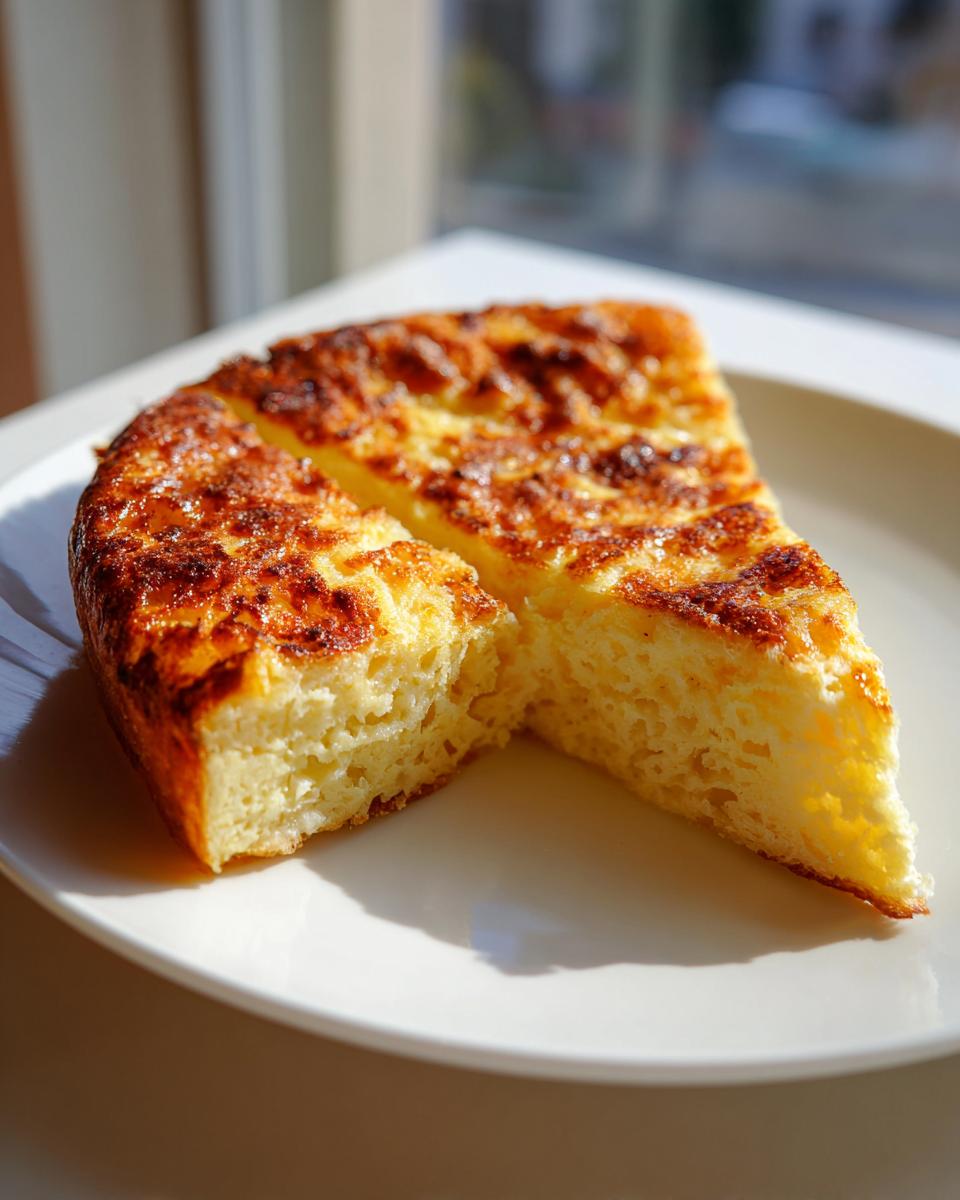 A thick, golden-brown slice of baked easy french toast cut in half on a white plate.