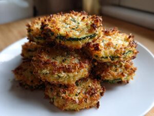 A stack of golden brown, crispy baked parmesan zucchini slices piled on a white plate.