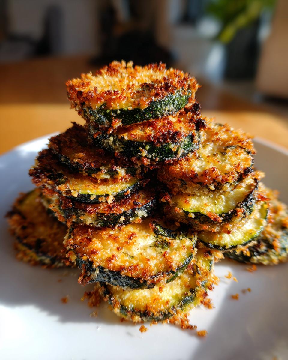 A close-up stack of golden brown, crispy baked parmesan zucchini slices on a white plate.