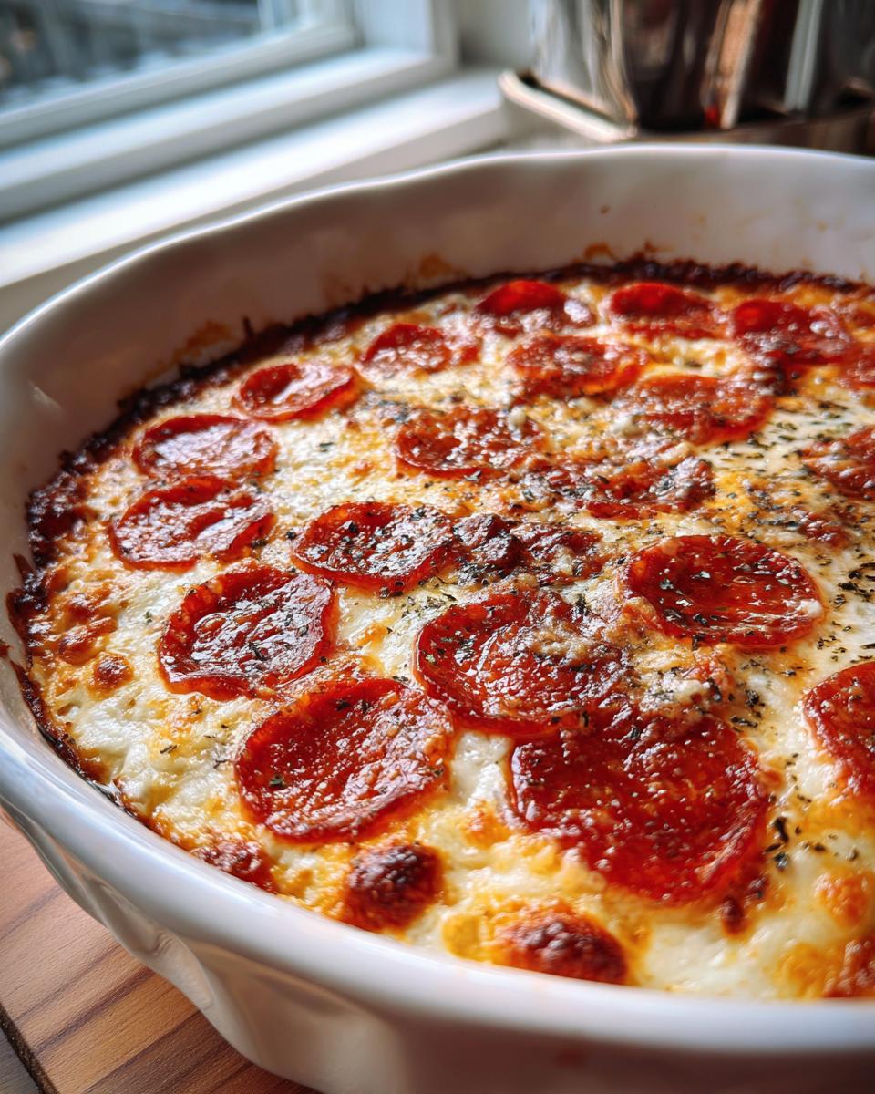 Close-up of a bubbling, baked pepperoni pizza dip topped with melted cheese and herbs in a white oval dish.