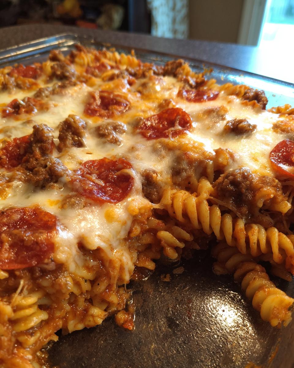A close-up of baked pizza pasta with melted mozzarella, pepperoni, and ground meat in a baking dish.