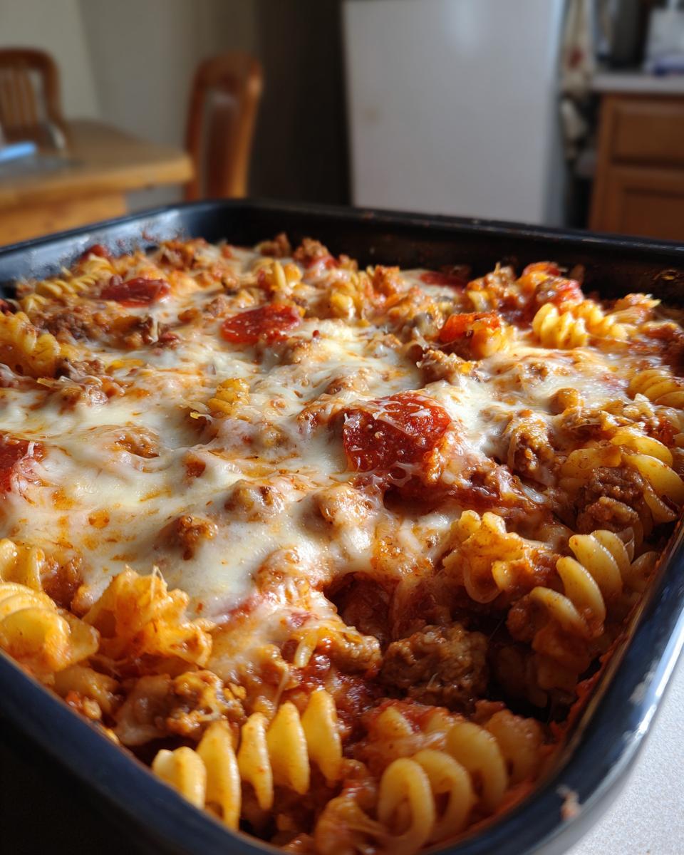 Close-up of a baked pizza pasta casserole with melted mozzarella, pepperoni, and ground meat in a dark baking dish.