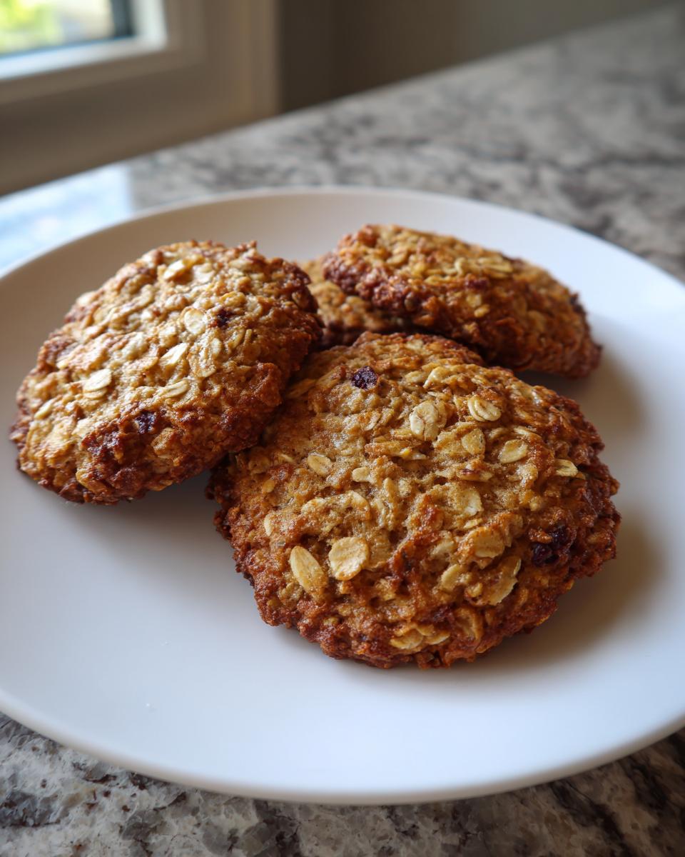 Close-up of four golden brown banana oatmeal cookies stacked slightly on a white plate.