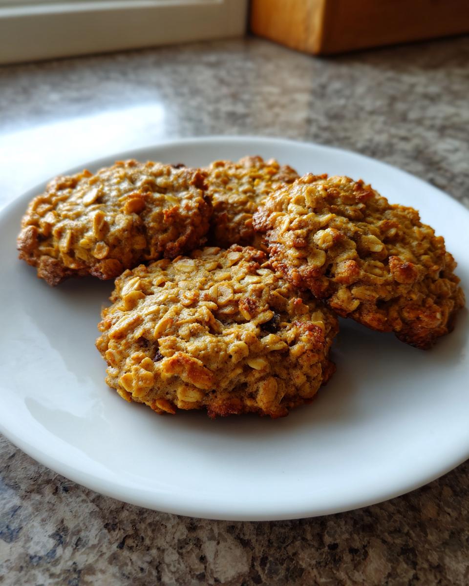 Four freshly baked banana oatmeal cookies piled slightly on a white plate, showing visible oats.