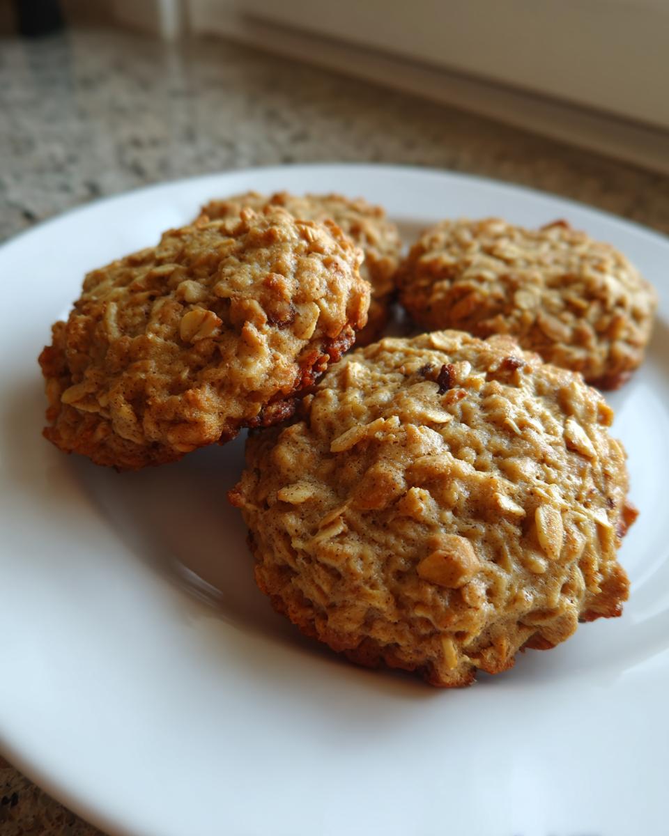 Close-up of four golden brown banana oatmeal cookies stacked slightly on a white plate.