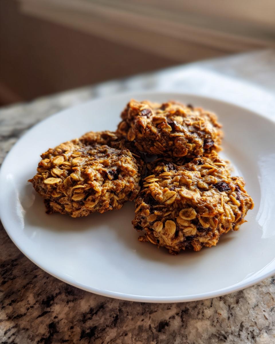 Three textured banana oatmeal cookies, rich in oats, resting on a white plate on a granite countertop.