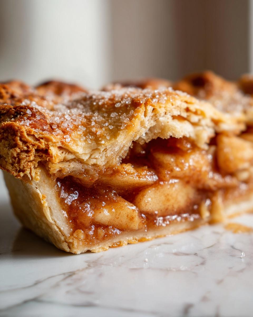 Close-up of a thick slice of best apple pie showing caramelized apple filling and a flaky, sugar-sprinkled crust.
