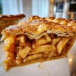 Close-up of a thick slice of best apple pie showing flaky, sugared crust and chunky, cinnamon-spiced apple filling.