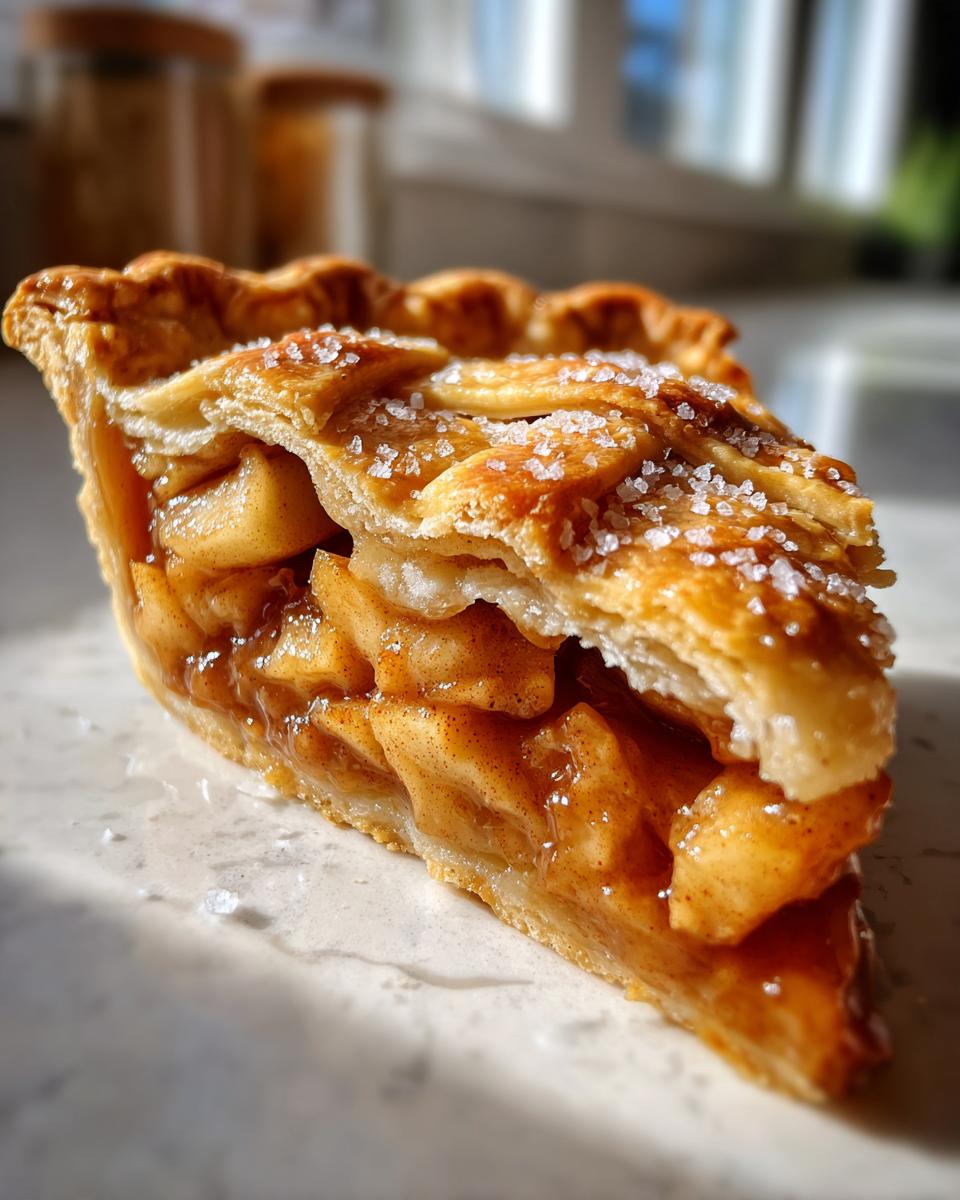A close-up, sunlit slice of homemade apple pie showing thick, spiced filling and a flaky, sugar-sprinkled lattice crust.