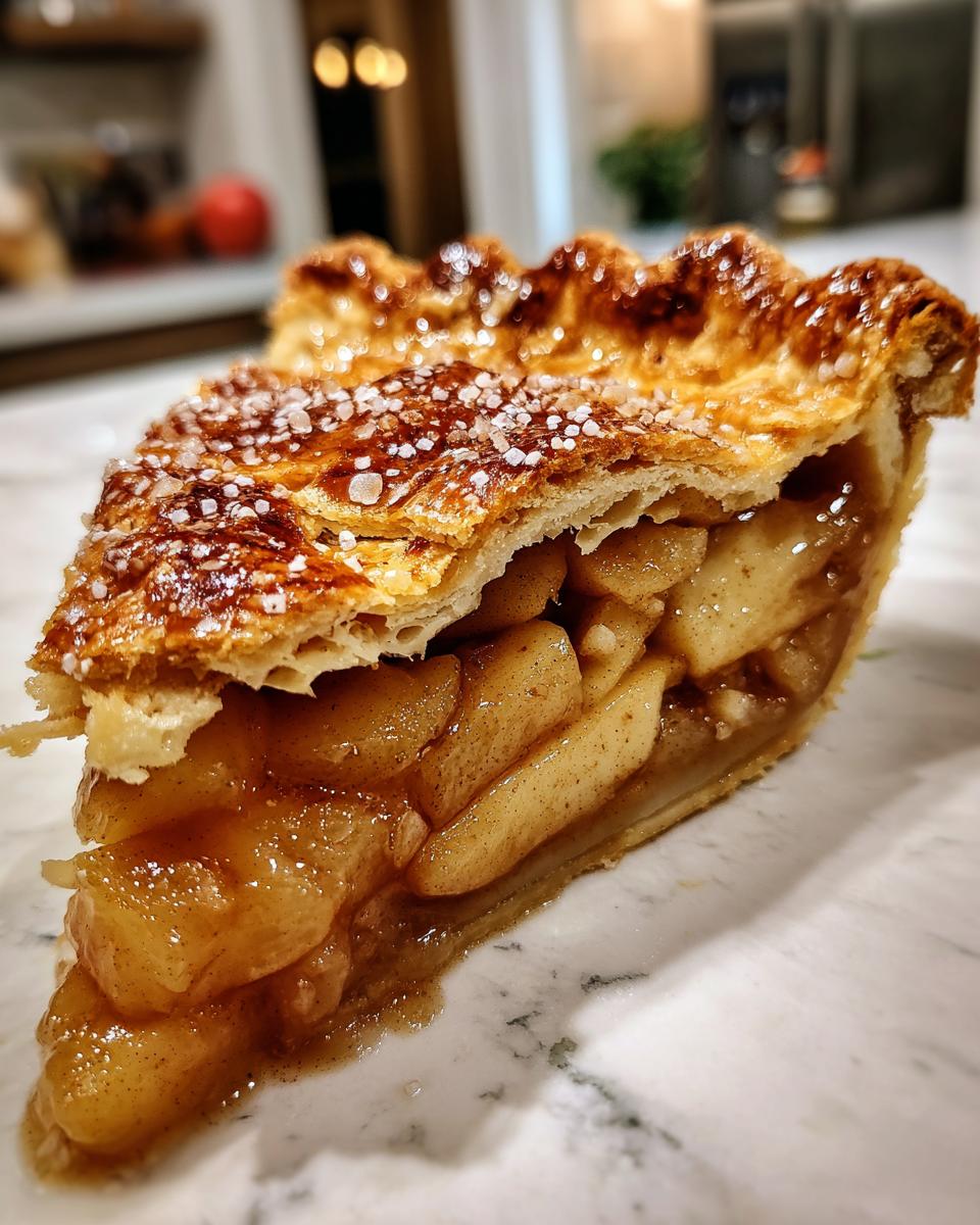 Close-up of a thick slice of apple pie showing caramelized apple filling and a flaky, sugared crust.
