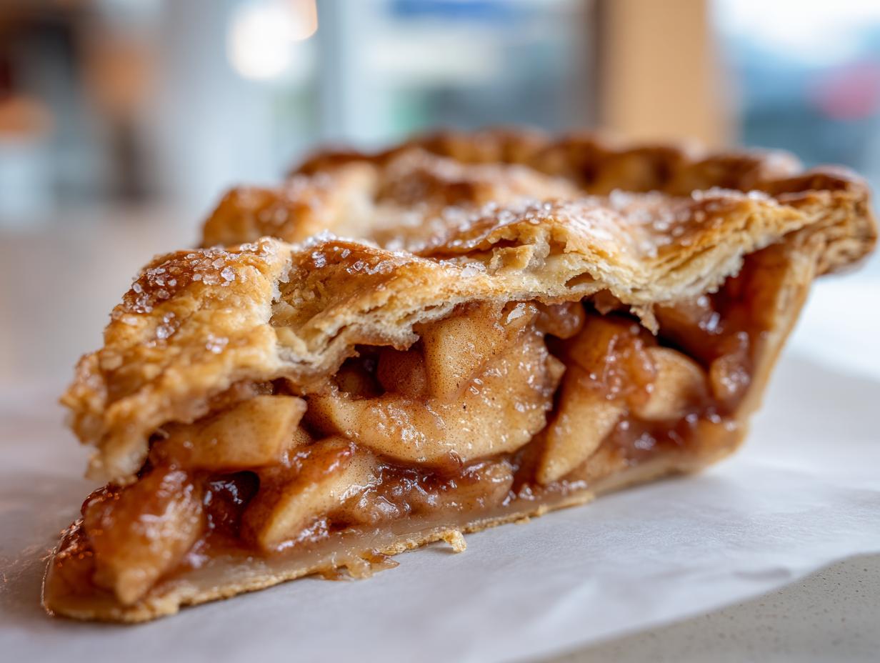 Close-up of a thick slice of best apple pie showing caramelized apple filling and a flaky, sugared crust.