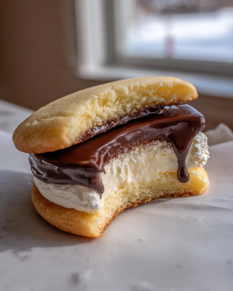 Close-up of a boston cream pie cookies sandwich with a bite taken out, showing vanilla filling and dripping chocolate ganache.