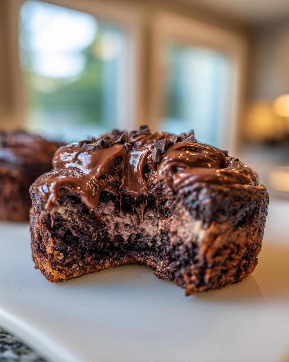Close-up of a decadent chocolate cinnamon roll with a bite taken out, showing the swirl and rich chocolate glaze.