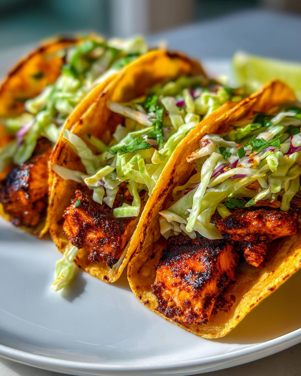 Three blackened salmon tacos filled with blackened fish chunks and topped with shredded cabbage slaw, served on a white plate.