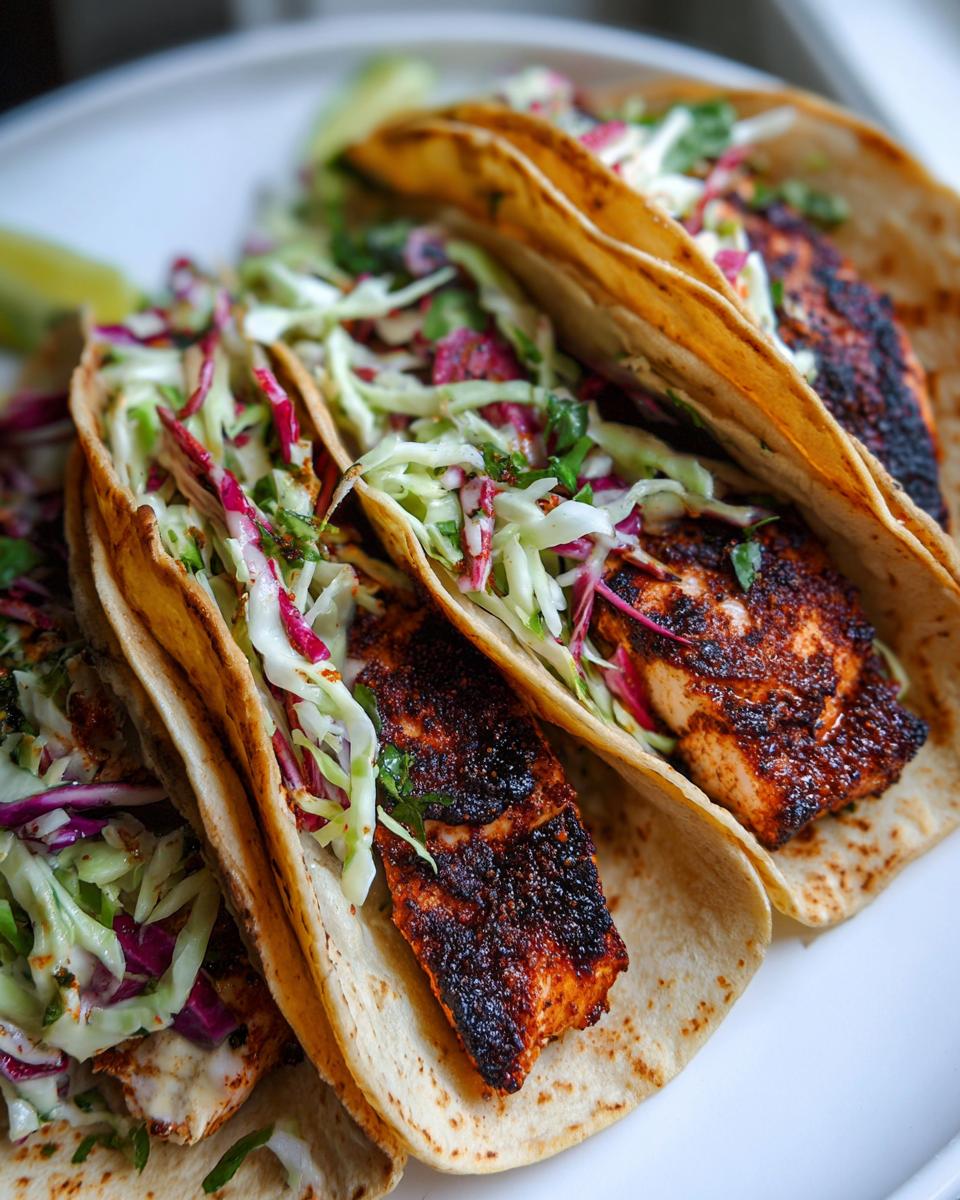 Three soft tortilla salmon tacos filled with blackened salmon pieces and vibrant purple and green coleslaw.