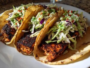 Three delicious blackened salmon tacos filled with blackened fish and topped with fresh cabbage slaw.