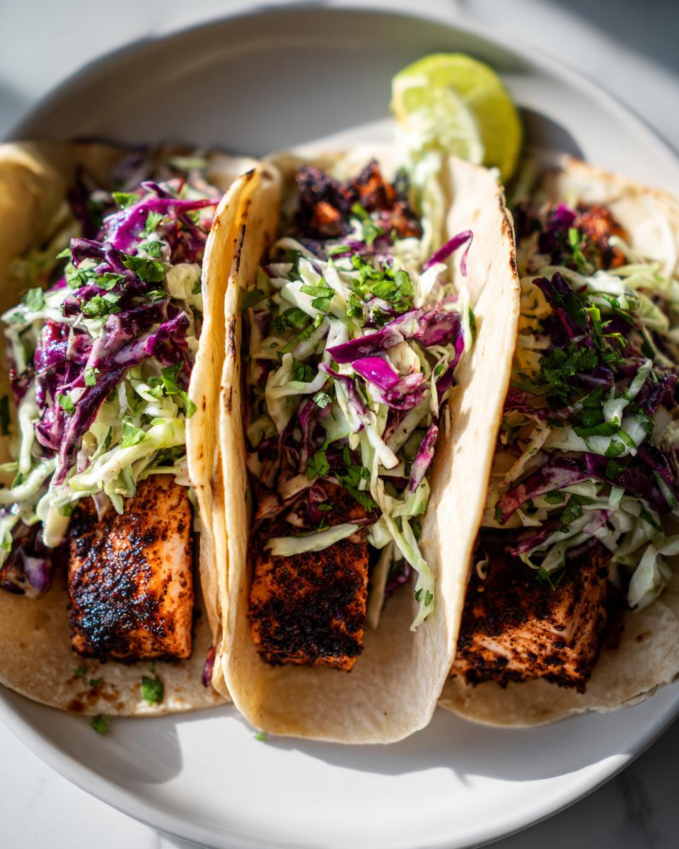 Close-up of three soft tortilla salmon tacos filled with blackened salmon, purple and green cabbage slaw, and cilantro.