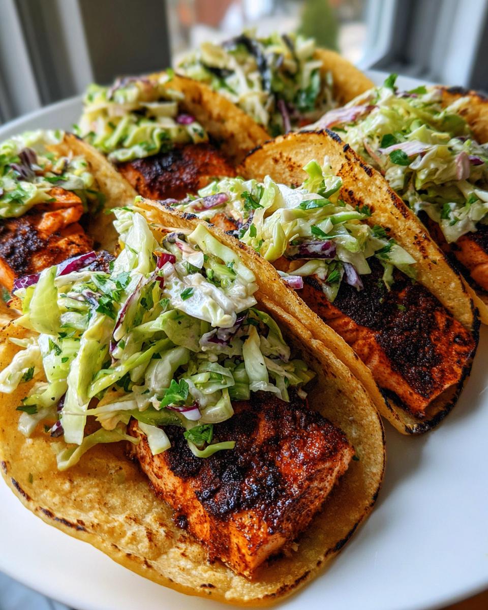Several blackened salmon tacos filled with blackened fish and creamy cabbage slaw, ready to eat.