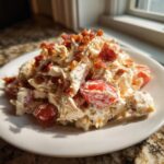 Close-up of a serving of creamy blt chicken salad mixed with cherry tomatoes and topped with crispy bacon.