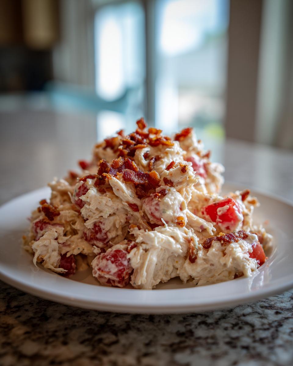 A mound of creamy blt chicken salad mixed with tomatoes and topped generously with crispy bacon bits on a white plate.