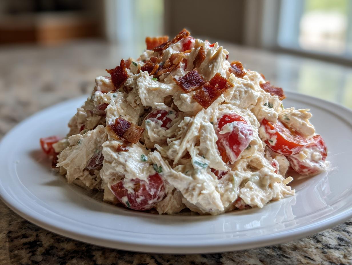 A generous serving of creamy blt chicken salad mixed with cherry tomatoes and topped with crispy bacon pieces.