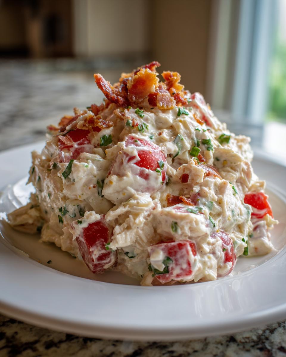 A mound of creamy blt chicken salad mixed with diced tomatoes and topped with crispy bacon.